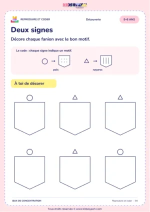 Deux signes – jeu de codes et modèles à imprimer pour les enfants de 5–6 ans