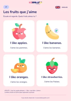 Dire I like avec les fruits en anglais au CP — leçon illustrée