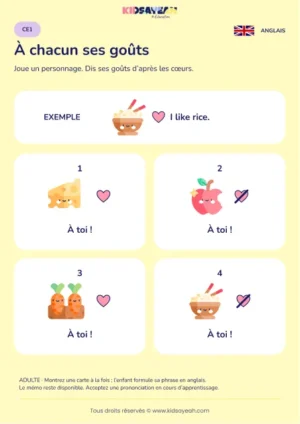 Dire les goûts d’un personnage en anglais au CE1 — fiche enfant