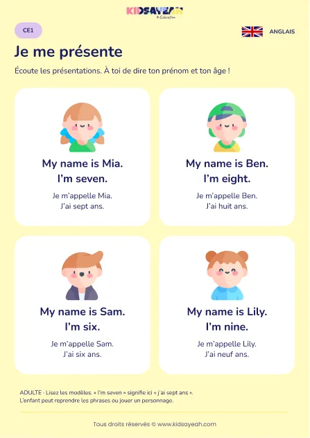 Dire son prénom et son âge en anglais au CE1 — leçon illustrée