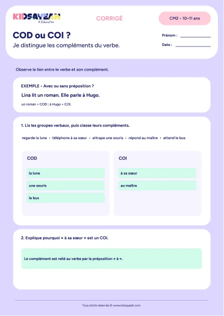 Corrigé - distinguer COD et COI au CM2