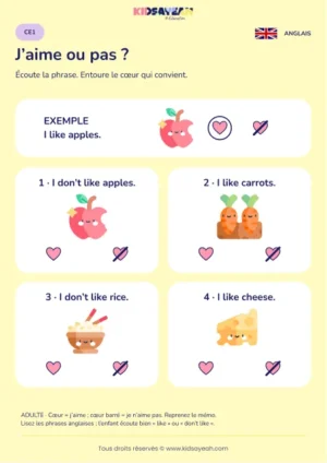 Distinguer I like et I don’t like à l’écoute au CE1 — fiche enfant