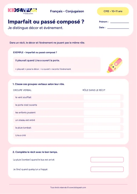 distinguer imparfait et passé composé au CM2 - fiche élève