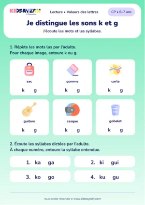 Distinguer k et g dans sac, gomme et casque au CP — aperçu de la fiche à imprimer