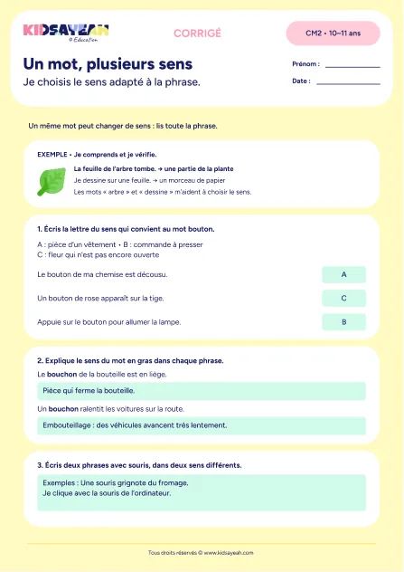 Corrigé - exercice polysémie CM2 à imprimer