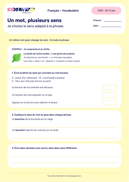 exercice polysémie CM2 à imprimer - fiche élève