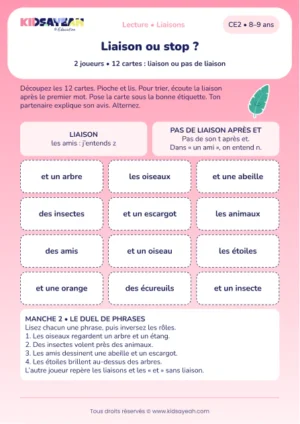 distinguer les liaisons et l’absence de liaison après et au CE2 — aperçu de la fiche CE2 à imprimer