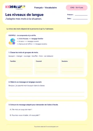 niveaux de langue CM2 exercice à imprimer - fiche élève