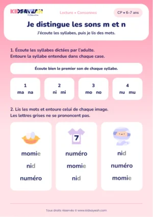 distinguer ma et na, puis lire momie, nid et numéro au CP — fiche CP à imprimer