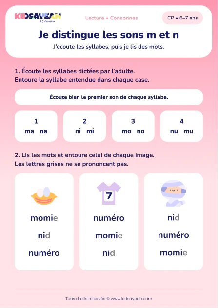 distinguer ma et na, puis lire momie, nid et numéro au CP — fiche CP à imprimer