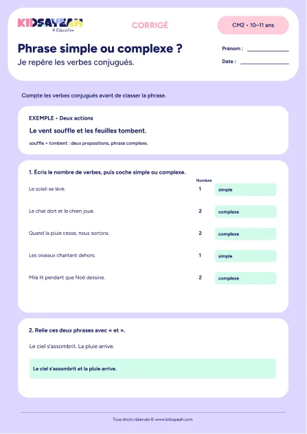 Corrigé - distinguer phrase simple et phrase complexe au CM2