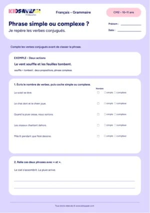 distinguer phrase simple et phrase complexe au CM2 - fiche élève