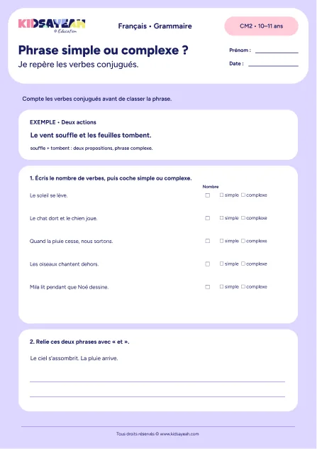 distinguer phrase simple et phrase complexe au CM2 - fiche élève
