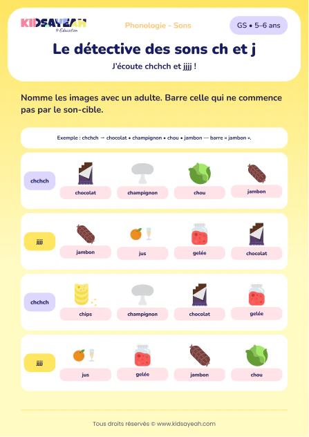 distinguer les sons CH et J en GS — fiche illustrée à imprimer