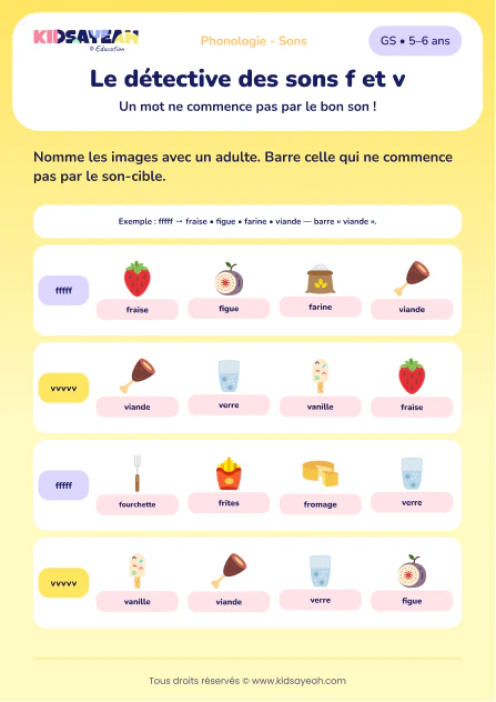 distinguer les sons F et V en GS — fiche illustrée à imprimer