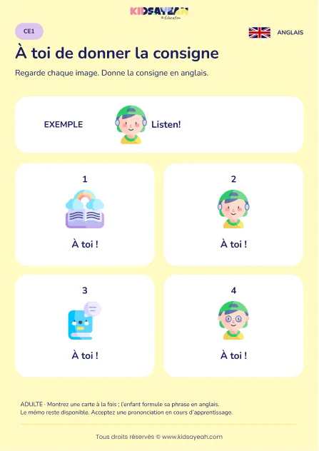 Donner une consigne de classe en anglais au CE1 — fiche enfant
