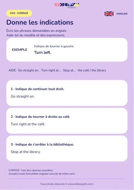 Écrire des indications d’itinéraire en anglais au CM2 — corrigé