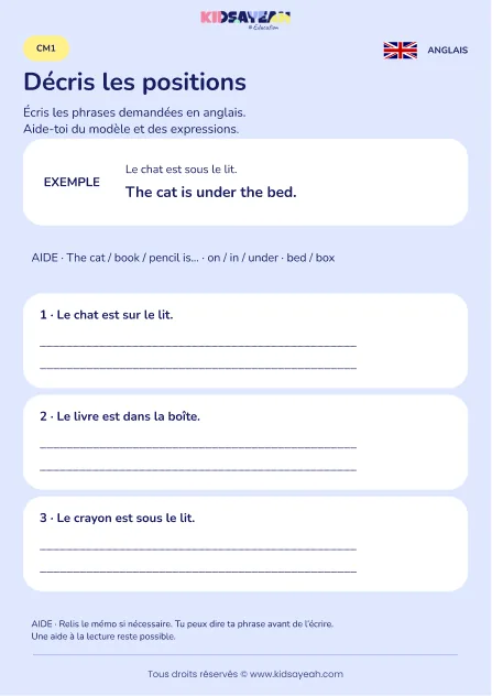 Écrire des positions avec on in et under au CM1 — fiche enfant