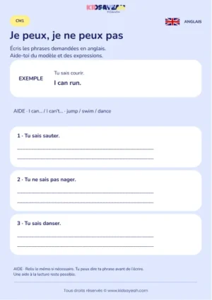 Écrire I can et I can’t avec des actions au CM1 — fiche enfant