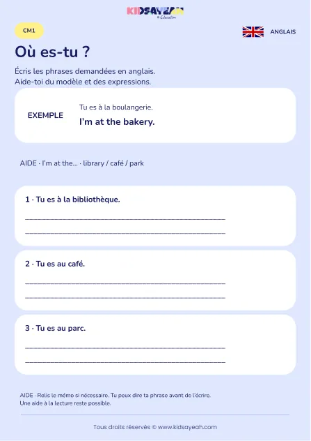 Écrire I’m at avec les lieux de la ville au CM1 — fiche enfant