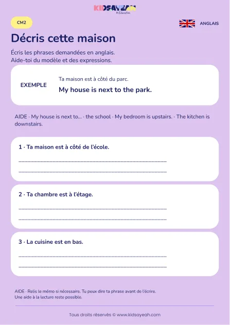 Écrire la position d’une maison et de ses pièces au CM2 — fiche enfant