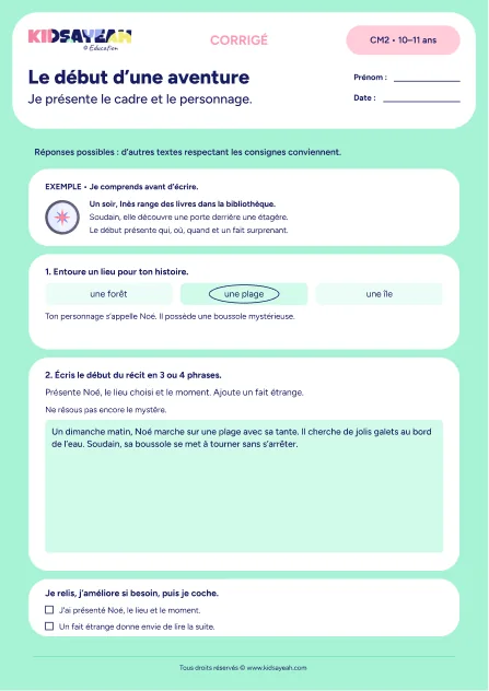 Corrigé - début de récit CM2 exercice à imprimer