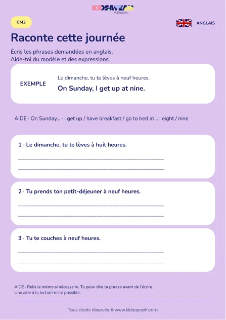 Écrire les routines du dimanche en anglais au CM2 — fiche enfant
