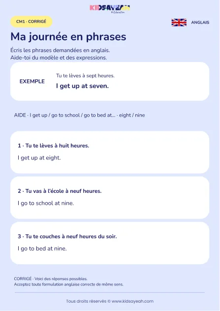 Écrire sa journée avec get up et go to bed au CM1 — corrigé