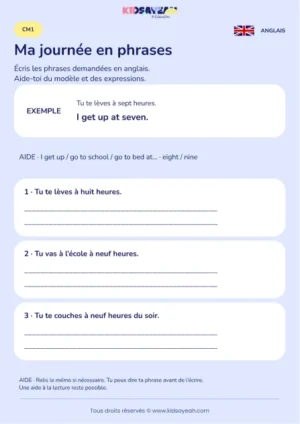 Écrire sa journée avec get up et go to bed au CM1 — fiche enfant