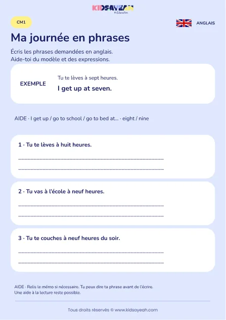 Écrire sa journée avec get up et go to bed au CM1 — fiche enfant