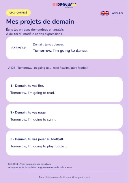 Écrire ses projets avec Tomorrow I’m going to au CM2 — corrigé