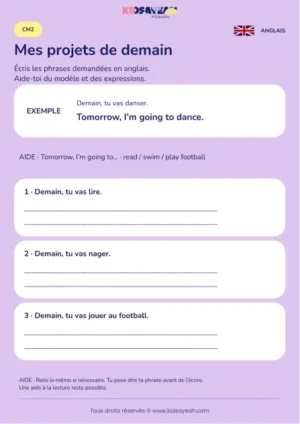 Écrire ses projets avec Tomorrow I’m going to au CM2 — fiche enfant