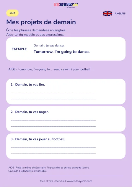 Écrire ses projets avec Tomorrow I’m going to au CM2 — fiche enfant