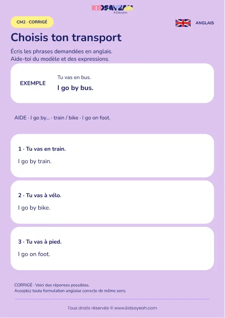 Écrire son moyen de transport en anglais au CM2 — corrigé