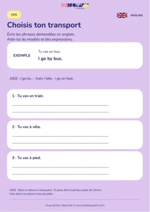 Écrire son moyen de transport en anglais au CM2 — fiche enfant