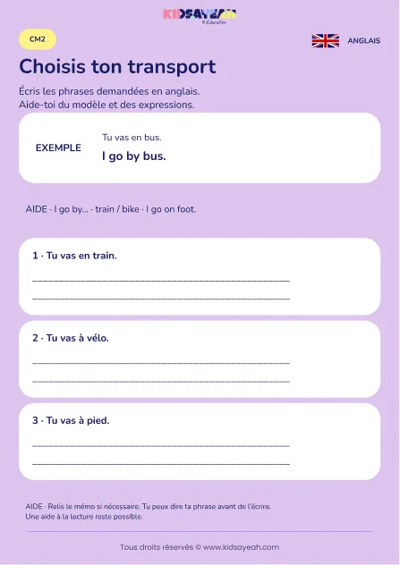 Écrire son moyen de transport en anglais au CM2 — fiche enfant