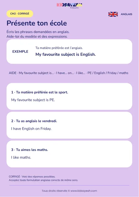 Écrire sur ses matières scolaires en anglais au CM2 — corrigé