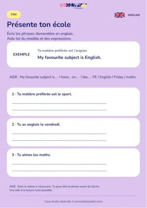 Écrire sur ses matières scolaires en anglais au CM2 — fiche enfant
