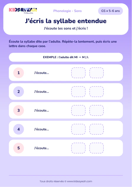 écrire une syllabe entendue en GS — fiche GS à imprimer