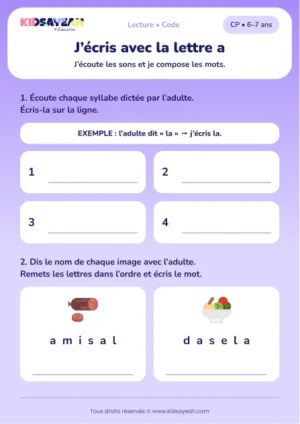 écrire des syllabes avec a, salami et salade au CP — fiche CP à imprimer