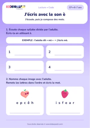 écrire des syllabes avec è, pêche et fraise au CP — fiche CP à imprimer