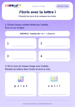 écrire des syllabes avec i, tapis et livre au CP — fiche CP à imprimer