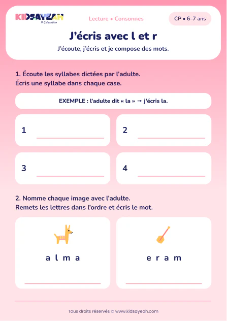 écrire des syllabes avec l et r, puis lama et rame au CP — fiche CP à imprimer