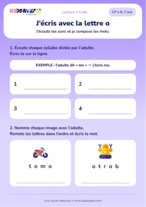 écrire des syllabes avec o, moto et robot au CP — fiche CP à imprimer