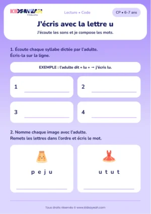 écrire des syllabes avec u, jupe et tutu au CP — fiche CP à imprimer
