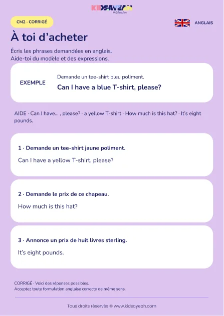 Écrire un achat de vêtement en anglais au CM2 — corrigé