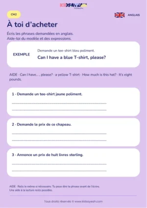 Écrire un achat de vêtement en anglais au CM2 — fiche enfant