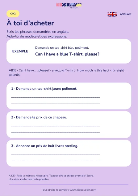 Écrire un achat de vêtement en anglais au CM2 — fiche enfant