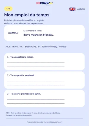 Écrire un emploi du temps avec I have on au CM1 — fiche enfant