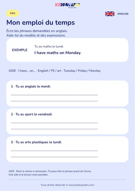 Écrire un emploi du temps avec I have on au CM1 — fiche enfant